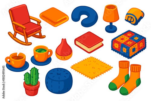 Relaxing Comfort Icons. Isometric vector illustration set relaxation and comfort: rocking chair, fleece blanket, neck pillow,