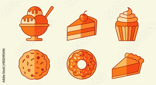Flat dessert icons: ice cream, cake, cupcake, cookie, donut, pie