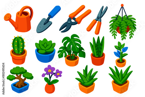 Vibrant Gardening Tools. Isometric vector illustration set featuring tools and plants: watering can, garden trowel, pruning shears