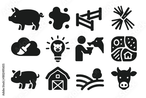 Farm Icons Collection. Solid style icons of Farm inspiration: pig sketch, mud pattern, pen layout, straw arrangement, creative