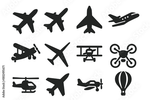 Aerial Vehicles Icons. Solid style icons of Airplanes and flight: passenger plane, cargo plane, fighter jet, private jet, biplane,