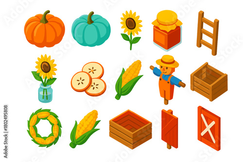 Harvest Icons Collection. Isometric vector illustration set pumpkin, sunflower, apples, and more: heirloom pumpkin, pastel pumpkin