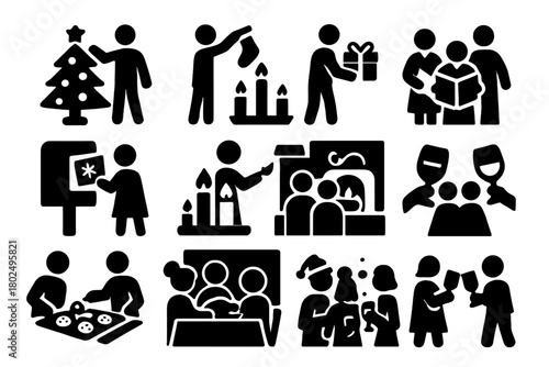 Christmas Traditions Icons. Solid style icons of Christmas traditions: decorating tree, hanging stocking, exchanging gifts,