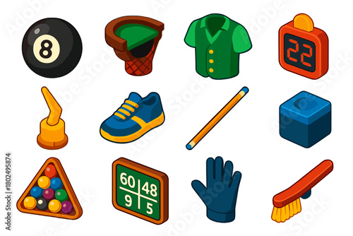 Bright Billiards Icons. Isometric vector illustration set ball, goalpost, jersey, timer, trophy, shoes: billiard ball, pool table