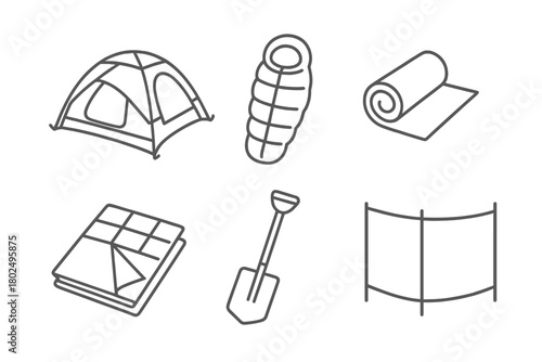 Camping Gear Icons. Line style icons of Shelter and Sleeping Gear: four-season tent, arctic sleeping bag, foam pad, reflective