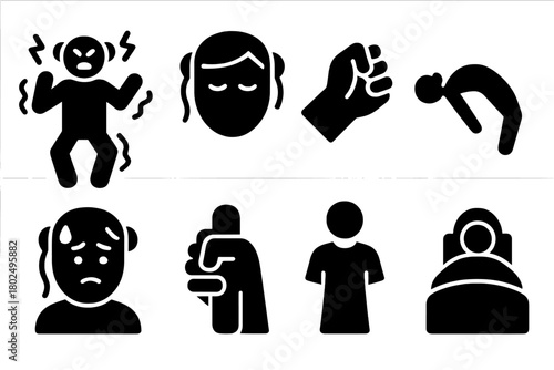 Shock Therapy Icons. Solid style icons of shock therapy patient experience: Convulsing Figure, Closed Eyes, Clenched Fist, Arched