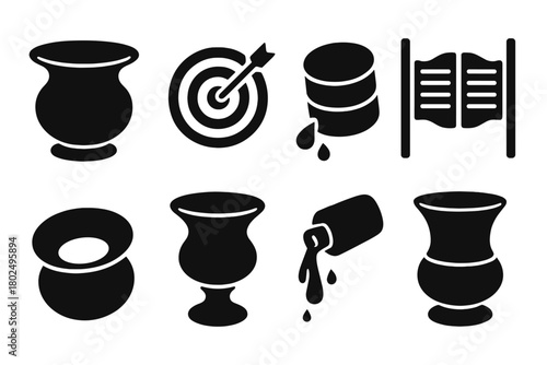 Vintage Tobacco Spittoon Icon. Solid style icons of Vintage Tobacco Spittoon: Brass, Aim, Chewing Tobacco, Saloon, Rim, Pedestal,