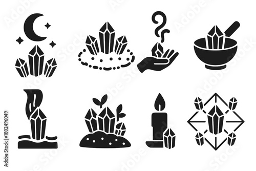 Crystal Cleansing Ritual Icons. Solid style icons of crystal cleansing rituals: Moonlight Bath, Salt Circle, Smoke Cleansing,