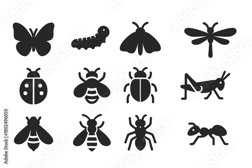 Solid Insect Icons. Solid style icons of Butterflies and insects: butterfly, caterpillar, moth, dragonfly, ladybug, bee, beetle,