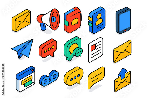 Communication Icons Set. Isometric vector illustration set Communication Essentials: envelope, megaphone, contact book, smartphone
