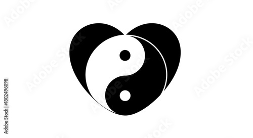 Yin yang heart symbol merging harmony and love in black and white silhouette design