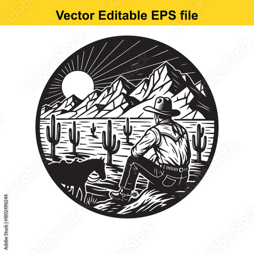 Cowboy resting in a desert landscape with a horse, mountains, and cacti under a radiating sun, vector art