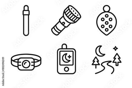Night Geocaching Icons. Line style icons of Night Geocaching Icons: glow stick, blacklight flashlight, reflector patch, LED
