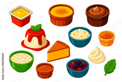 Sweet Treats Collection. Isometric vector illustration set sweet treats collection: pudding cup, crème brûlée, chocolate mousse,