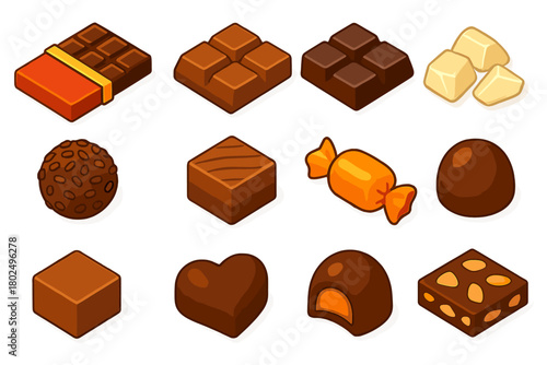 Colorful Chocolate Collection. Isometric vector illustration set sweet treats collection: chocolate bar, milk chocolate squares,