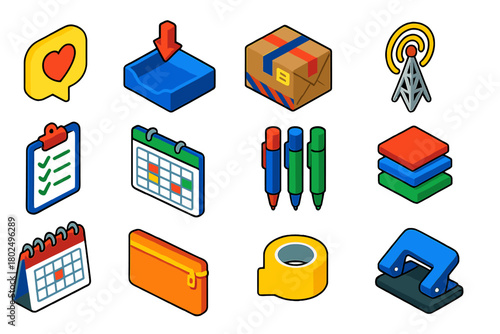 Colorful Communication Icons. Isometric vector illustration set communication and organization: message bubble with heart, inbox