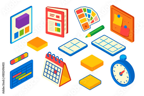 Design Tools Collection. Isometric vector illustration set branding and planning: packaging mockup board, brand style kit, color