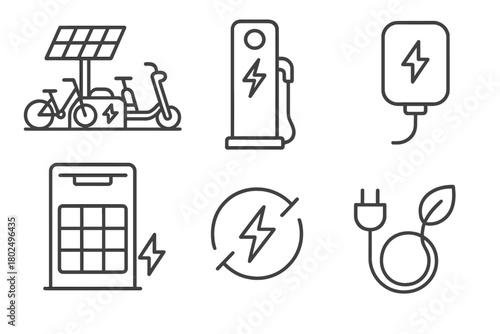 Micro-Mobility Charging Icons. Line style icons of Micro-Mobility Charging Solutions: solar charging dock, public charger pole,