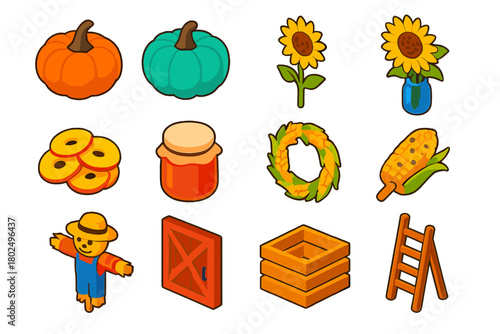 Harvest Icons Collection. Isometric vector illustration set pumpkin, sunflower, apples, and more: heirloom pumpkin, pastel pumpkin