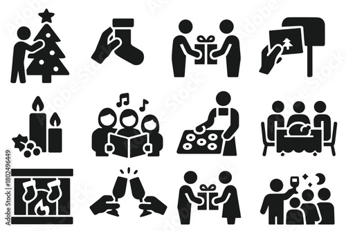 Christmas Traditions Icons. Solid style icons of Christmas traditions: decorating tree, hanging stocking, exchanging gifts,