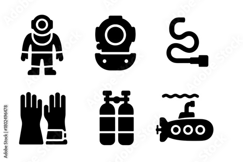 Vintage Dive Gear Icons. Solid style icons of Vintage Submarine Gear: Diving Suit, Helmet, Air Hose, Weighted Boots, Deep Sea,