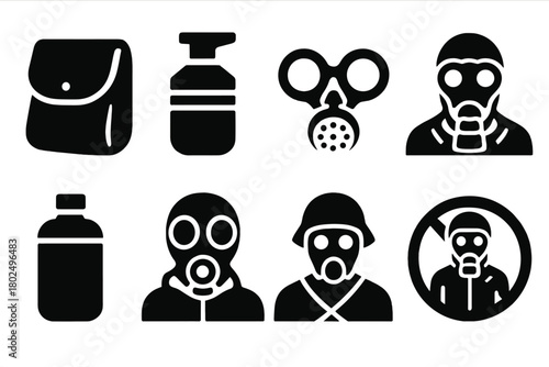 Vintage Gas Mask Icons. Solid style icons of Vintage Gasmask: Bag, Filter, Eye Pieces, WWI, Straps, Canister, Protective Suit,