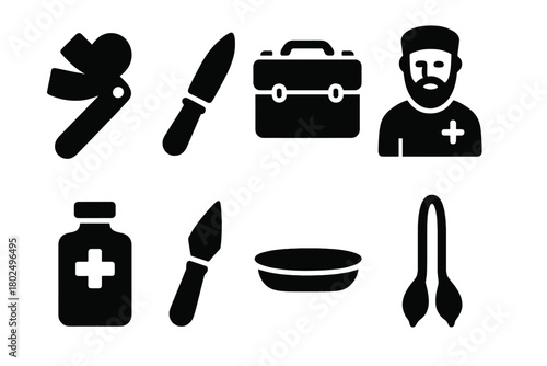 Early Medical Device Icons. Solid style icons of Early Medical Device: Fleam, Bloodletting Knife, Case, Barber Surgeon, Medicine,