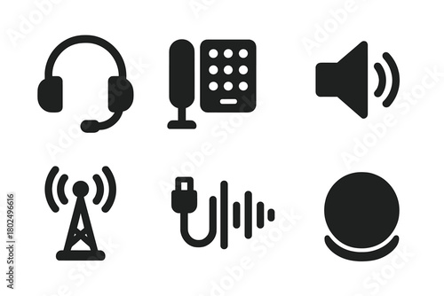 Artistic Telecom Icons. Solid style icons of Artistic Telecommunication: Headset, Microphone, Dial Pad, Speaker, Antenna, Cable,
