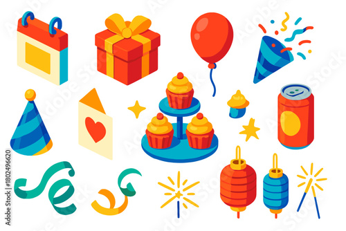 Vibrant Celebration Icons. Isometric vector illustration set Celebration and Events: calendar, gift box, confetti, balloon, party