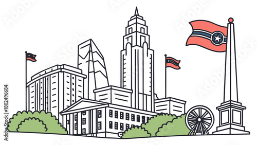 “Uptown Charlotte with skyline and southern icons, clean vector”