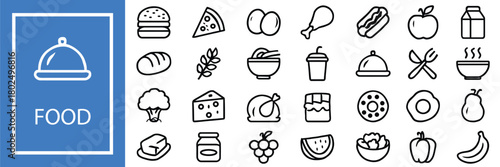 Collection of hand drawn food icons and a food sign.