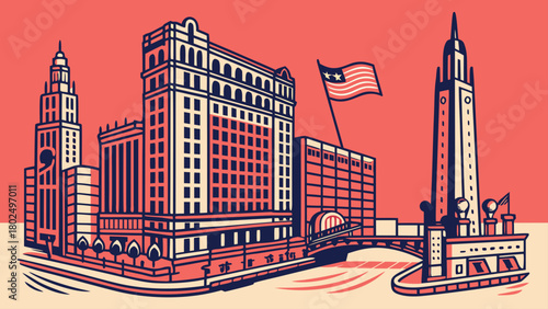 “River North Chicago with skyline and nightlife icons, bold vector”