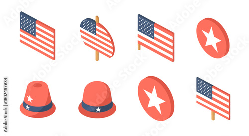 Isometric american flags and patriotic icons set on white background