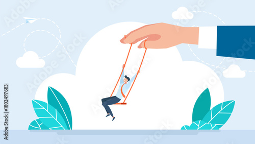 Dependence of mood on another person. Young male character sitting on a swing. Mood swings. Emotional balance. Psychology disorder, stress, anxiety, crisis. Bipolar emotion. Flat vector illustration