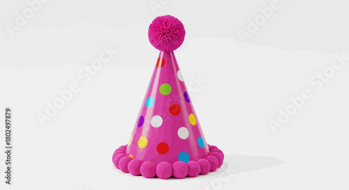 Colorful party hat with pom pom and polka dots on white background