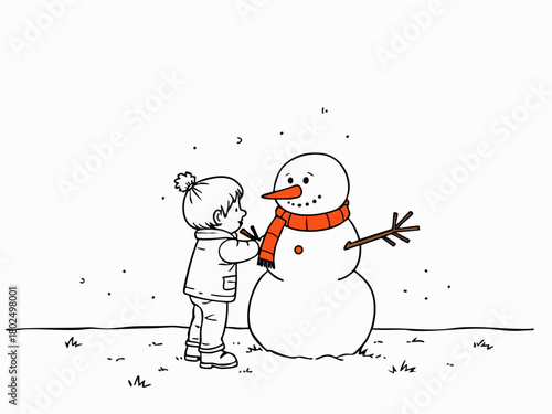 Child Building Snowman Line Art