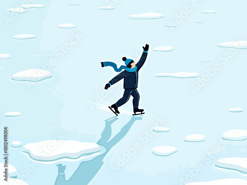 Graceful Ice Skater on Frozen Lake with Blue Accents