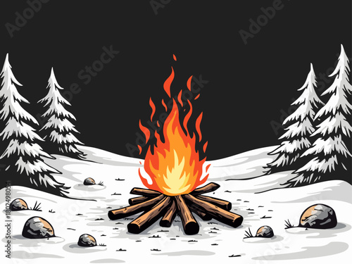 Bold Outline Campfire in Snowy Campsite with Selective Color Flames