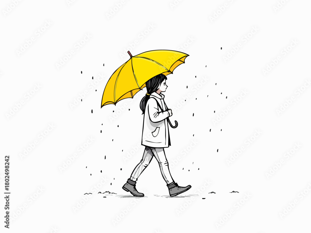Fototapeta premium Person Walking in Snow with Yellow Umbrella Line Art
