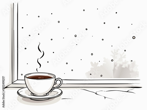 Steaming Coffee on Frosty Windowsill with Snowy View