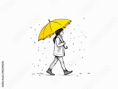 Person Walking in Snow with Yellow Umbrella Line Art