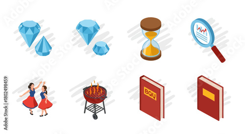 Collection of isometric elements including gems, hourglass, magnifying glass, dancers, bbq, and books