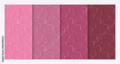 A set of seamless heart patterns in four rich pink shades