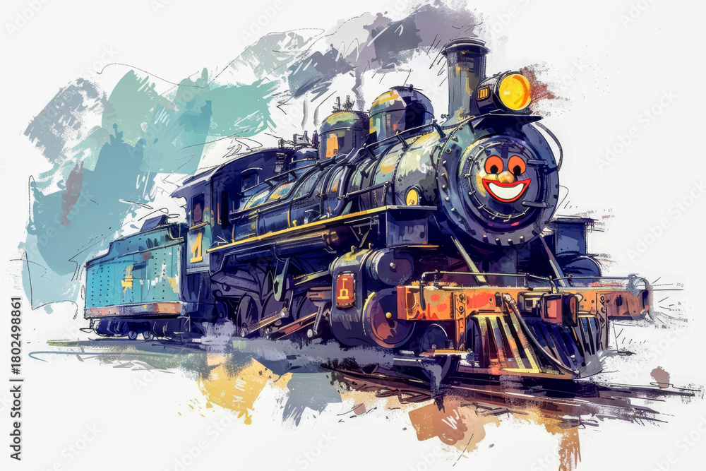 Obraz premium Colorful cartoon train featuring a cheerful face set against a clean white background