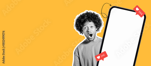 A person with curly hair shows surprise while viewing their phone. The background is bright yellow, enhancing the joyful mood. Social media likes are visible, indicating engagement and excitement.