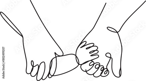 One continuous line drawing of baby kid hand holding mom dad parents hands. son daughter grab mommy daddy hand. one line Icon drawing with white background