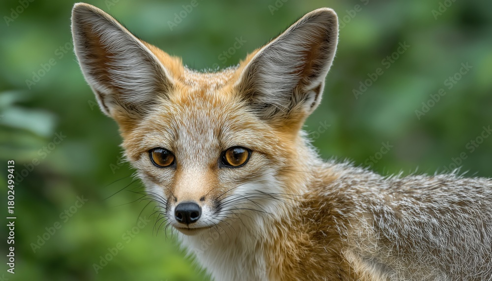 Fototapeta premium Close-Up Portrait Of White-Footed Fox In Natural Monsoon Greenery At Outdoor Jungle Safari In The Forest Of Rajasthan, India.