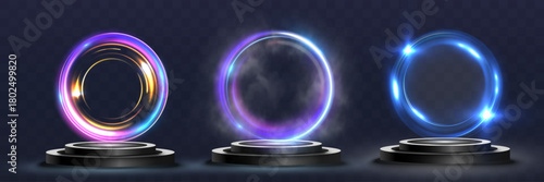 Glowing energy portal rings on dark podium stage, futuristic circular light vortex frames with vibrant blue, purple and golden shine, sci-fi showcase platform with dynamic luminous swirl effects.
