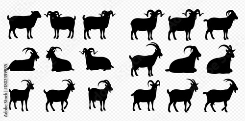 Silhouetted goats in various poses, standing and lying down, with different horn shapes.