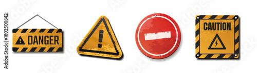 Set of various warning and caution signs on white background